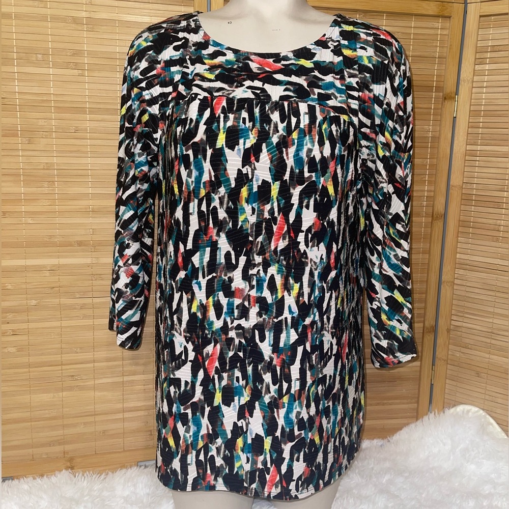 Dana Buchman Womens Black Multicolor Abstract Print Stretch Knit Top Medium